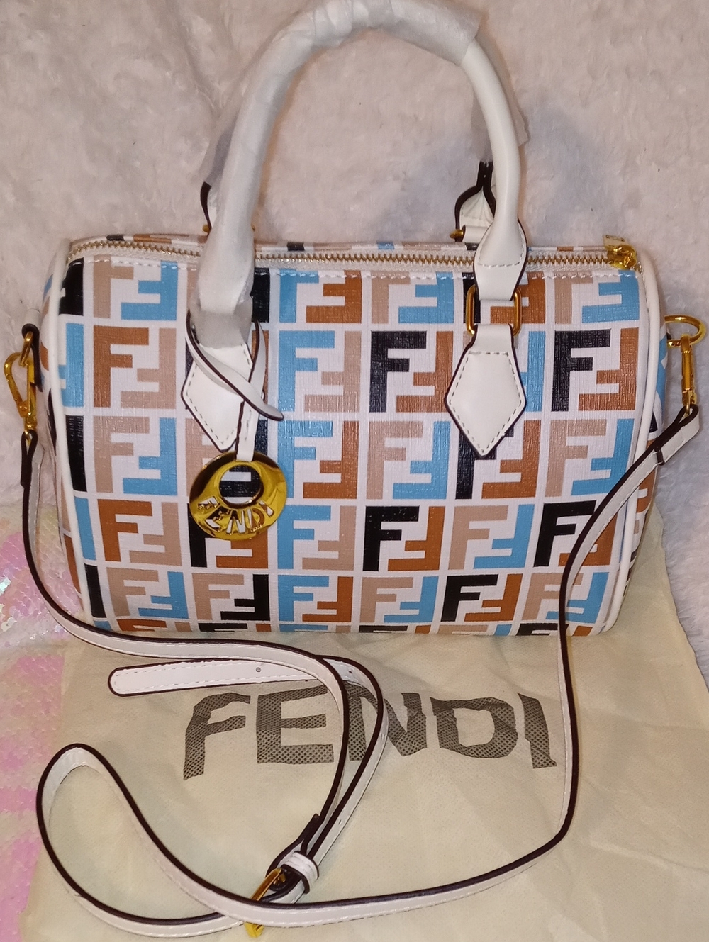 Fendi Multicolor FF Logo Speedy Satchel - White, Blue, Brown, Black